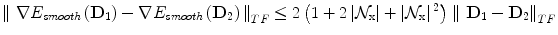 
$$ \begin{array}{ll}{\left\Vert \dfrac{\partial {E}_{data}}{\partial \mathbf{D}\left(\mathbf{x}\right)}\left({\mathbf{D}}_1\right)-\dfrac{\partial {E}_{data}}{\partial \mathbf{D}\left(\mathbf{x}\right)}\left({\mathbf{D}}_2\right)\right\Vert}_F&=2{b}^2{\left\Vert {\displaystyle \sum_{k=1}^N<{G}_k,}{\mathbf{D}}_1-{\mathbf{D}}_2{>}_F{\mathbf{G}}_k\right\Vert}_F\\ &\le 2{b}^2{\displaystyle \sum_{k=1}^N\parallel {\mathbf{G}}_k{\parallel}_F^2\parallel {\mathbf{D}}_1}-{\mathbf{D}}_2{\parallel}_F\end{array} $$
” src=”/wp-content/uploads/2016/09/A151032_1_En_24_Chapter_Equi.gif”></DIV></DIV></DIV>Therefore ∥ ∇<SPAN class=EmphasisTypeItalic>E</SPAN> <SUB><SPAN class=EmphasisTypeItalic>data</SPAN> </SUB>(<SPAN class=EmphasisTypeBold>D</SPAN> <SUB>1</SUB>) − ∇<SPAN class=EmphasisTypeItalic>E</SPAN> <SUB><SPAN class=EmphasisTypeItalic>data</SPAN> </SUB>(<SPAN class=EmphasisTypeBold>D</SPAN> <SUB>2</SUB>) ∥ <SUB> <SPAN class=EmphasisTypeItalic>TF</SPAN> </SUB> ≤ 2<SPAN class=EmphasisTypeItalic>b</SPAN> <SUP>2</SUP> ∑ <SUB> <SPAN class=EmphasisTypeItalic>k</SPAN> = 1</SUB><SUP> <SPAN class=EmphasisTypeItalic>N</SPAN> </SUP> ∥ <SPAN class=EmphasisTypeBold>G</SPAN> <SUB><SPAN class=EmphasisTypeItalic>k</SPAN> </SUB> ∥ <SUB> <SPAN class=EmphasisTypeItalic>F</SPAN> </SUB><SUP>2</SUP> ∥ <SPAN class=EmphasisTypeBold>D</SPAN> <SUB>1</SUB> − <SPAN class=EmphasisTypeBold>D</SPAN> <SUB>2</SUB> ∥ <SUB> <SPAN class=EmphasisTypeItalic>TF</SPAN> </SUB>. Besides, we can easily show the following inequality<br />
<DIV id=Equj class=Equation><br />
<DIV class=EquationContent><br />
<DIV class=MediaObject><IMG alt=