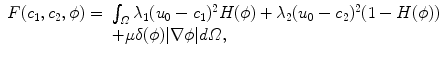 
$$\displaystyle{ \begin{array}{ll} F(c_{1},c_{2},\phi ) =&\int _{\varOmega }\lambda _{1}(u_{0} - c_{1})^{2}H(\phi ) +\lambda _{2}(u_{0} - c_{2})^{2}(1 - H(\phi )) \\ & +\mu \delta (\phi )\vert \nabla \phi \vert d\varOmega,\end{array} }$$
