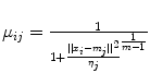 
$$\mu _{ij} = \frac{1} {1+\frac{\vert \vert x_{i}-m_{j}\vert \vert ^{2}} {\eta _{j}} ^{ \frac{1} {m-1} }}$$
