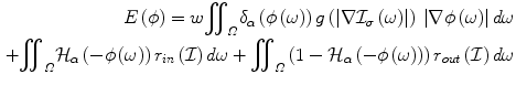 
$$\begin{aligned} E\left(\phi \right)= w{\displaystyle {\iint}_{\varOmega}{\delta}_{\alpha}\left(\phi \left(\omega \right)\right) g\left(\left|\nabla {\mathrm{\mathcal{I}}}_{\sigma}\left(\omega \right)\right|\right)\kern0.24em \left|\nabla \phi \left(\omega \right)\right| d\omega}\\ +{\displaystyle {\iint}_{\varOmega}{\mathrm{\mathcal{H}}}_{\alpha}}\left(-\phi \left(\omega \right)\right){r}_{in}\left(\mathrm{\mathcal{I}}\right) d\omega +{\displaystyle {\iint}_{\varOmega}\left(1-{\mathrm{\mathcal{H}}}_{\alpha}\left(-\phi \left(\omega \right)\right)\right){r}_{out}\left(\mathrm{\mathcal{I}}\right) d\omega} \end{aligned}$$
