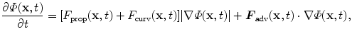 
$$\displaystyle{\frac{\partial \varPhi (\mathbf{x},t)} {\partial t} = [F_{\mathrm{prop}}(\mathbf{x},t) + F_{\mathrm{curv}}(\mathbf{x},t)]\vert \nabla \varPhi (\mathbf{x},t)\vert +\boldsymbol{ F}_{\mathrm{adv}}(\mathbf{x},t) \cdot \nabla \varPhi (\mathbf{x},t),}$$
