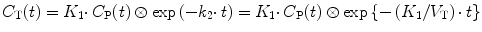 
$$ {C}_{\mathrm{T}}(t)={K}_1\cdotp {C}_{\mathrm{P}}(t)\otimes \exp \left(-{k}_2\cdotp t\right)={K}_1\cdotp {C}_{\mathrm{P}}(t)\otimes \exp \left\{-\left({K}_1/{V}_{\mathrm{T}}\right)\cdotp t\right\} $$
