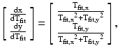 
$$ \left[\begin{array}{c}\hfill \frac{\mathrm{dx}}{{\mathrm{dT}}_{\mathrm{fit}}}\hfill \\ {}\hfill \frac{\mathrm{dy}}{{\mathrm{dT}}_{\mathrm{fit}}}\hfill \end{array}\right]=\left[\begin{array}{c}\hfill \frac{{\mathrm{T}}_{\mathrm{fit},\mathrm{x}}}{{{\mathrm{T}}_{\mathrm{fit},\mathrm{x}}}^2+{{\mathrm{T}}_{\mathrm{fit},\mathrm{y}}}^2}\hfill \\ {}\hfill \frac{{\mathrm{T}}_{\mathrm{fit},\mathrm{y}}}{{{\mathrm{T}}_{\mathrm{fit},\mathrm{x}}}^2+{{\mathrm{T}}_{\mathrm{fit},\mathrm{y}}}^2}\hfill \end{array}\right], $$
