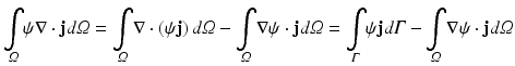 $$ \underset{\varOmega }{\int}\psi \nabla \cdot \mathbf{j}d\varOmega =\underset{\varOmega }{\int}\nabla \cdot \left(\psi \mathbf{j}\right)d\varOmega -\underset{\varOmega }{\int}\nabla \psi \cdot \mathbf{j}d\varOmega =\underset{\varGamma }{\int}\psi \mathbf{j}d\varGamma -\underset{\varOmega }{\int}\nabla \psi \cdot \mathbf{j}d\varOmega $$