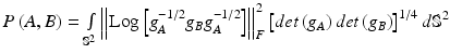 $$ P\left( {A,B} \right) = \mathop \smallint \limits_{{{\mathbb{S}}^{2} }} \left\| {{\text{Log}}\left[ {g_{A}^{ - 1/2} g_{B} g_{A}^{ - 1/2} } \right]} \right\|_{F}^{2} \left[ {det\left( {g_{A} } \right)det\left( {g_{B} } \right)} \right]^{1/4} d{\mathbb{S}}^{2} $$