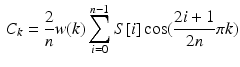 $$\begin{aligned} C_k=\frac{2}{n}w(k)\sum _{i=0}^{n-1}S[i]\cos (\frac{2i+1}{2n}\pi k) \end{aligned}$$