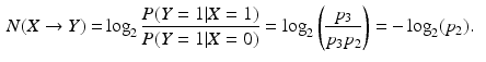 $$\begin{aligned} N(X\rightarrow Y)=&\log _{2}\frac{P(Y=1|X=1)}{P(Y=1|X=0)}=\log _{2}\left( \frac{p_{3}}{p_{3}p_{2}}\right) =-\log _{2}(p_{2}). \end{aligned}$$