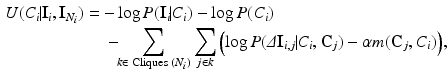 $$\begin{aligned} U(C_i \!\! \mid \!\! \mathbf {I}_i, \mathbf {I}_{N_i})&= - \log P(\mathbf{I}_i\!\!\mid \!\! C_i) -\log P(C_i) \nonumber \\&\quad \, - \!\!\sum _{k \in \text{ Cliques } (N_i)}\!\! \, \, \sum _{j \in k} \left( \log P(\varDelta \mathbf{I}_{i,j} \!\! \mid \!\! C_i,\mathbf {C}_j) - \alpha m(\mathbf {C}_{j},C_i)\right) \!, \end{aligned}$$