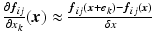 $$\frac{\partial {\varvec{f}}_{ij}}{\partial x_k}({\varvec{x}})\approx \frac{{\varvec{f}}_{ij}({\varvec{x}}+{\varvec{e}}_{k})-{\varvec{f}}_{ij}({\varvec{x}})}{\delta x}$$