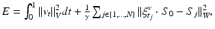 $$E = \int _{0}^{1} ||v_t||_V^2 dt + \frac{1}{\gamma } \sum _{j \in \{1, \dots , N\}} ||\xi _{t_j}^{v} \cdot S_0 - S_j ||_{W^*}^2$$