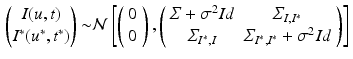 $$\begin{aligned} \begin{pmatrix}I(u,t)\\ I^*(u^*,t^*) \end{pmatrix}\sim & {} \mathcal {N}\left[ \left( \begin{array}{c} 0\\ 0 \end{array}\right) ,\left( \begin{array}{cc} \varSigma +\sigma ^2 Id&{} \varSigma _{I,I^*}\\ \varSigma _{I^*,I} &{} \varSigma _{I^*,I^*}+\sigma ^2 Id \end{array}\right) \right] \!\!\!\!\!, \end{aligned}$$