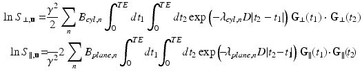 $$\begin{aligned} \ln {S_{\perp ,\mathbf{u}}} =&\frac{\gamma ^2}{2}\sum _n B_{cyl,n}\int _0^{TE}dt_1 \int _0^{TE}dt_2\exp \left( -\lambda _{cyl,n}D|t_2-t_1|\right) \mathbf{G}_{\perp }(t_1)\cdot \mathbf{G}_\perp (t_2) \nonumber \\ \ln {S_{\parallel ,\mathbf{u}}}\! =\!&\frac{\!}{\gamma ^2}{2}\sum _n B_{plane,n}\int _0^{TE}\!dt_1\! \int _0^{TE}\!dt_2\exp \left( \!-\!\lambda _{plane,n}D|t_2\!-\!t_1\!|\right) \mathbf{G}_{\parallel }(t_1)\!\cdot \!\mathbf{G}_\parallel (\!t_2\!) \end{aligned}$$