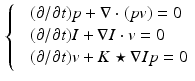 $$\begin{aligned} {\left\{ \begin{array}{ll} &{}(\partial /\partial t)p + \nabla \cdot (pv) = 0\\ &{}(\partial /\partial t)I + \nabla I \cdot v = 0\\ &{}(\partial /\partial t)v + K \star \nabla Ip = 0 \end{array}\right. } \end{aligned}$$