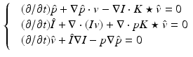 $$\begin{aligned} {\left\{ \begin{array}{ll} &{}(\partial /\partial t)\hat{p} + \nabla \hat{p} \cdot v - \nabla I \cdot K \star \hat{v} = 0\\ &{}(\partial /\partial t)\hat{I} + \nabla \cdot (Iv) + \nabla \cdot p K \star \hat{v} = 0\\ &{}(\partial /\partial t)\hat{v} + \hat{I}\nabla I -p \nabla \hat{p} = 0 \end{array}\right. } \end{aligned}$$