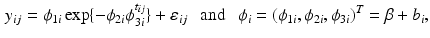 $$\begin{aligned} y_{ij}=\phi _{1i}\exp \{-\phi _{2i}\phi _{3i}^{t_{ij}}\}+\varepsilon _{ij}~~\text{ and }~~\phi _{i}=(\phi _{1i}, \phi _{2i}, \phi _{3i})^T=\beta +b_i, \end{aligned}$$