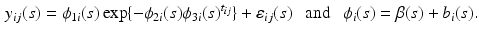 $$\begin{aligned} y_{ij}(s)=\phi _{1i}(s)\exp \{-\phi _{2i}(s)\phi _{3i}(s)^{t_{ij}}\}+\varepsilon _{ij}(s)~~\text{ and }~~ \phi _i(s)=\beta (s)+b_i(s). \end{aligned}$$