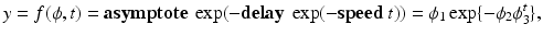 $$y=f(\phi , t)=\mathbf {asymptote}~\exp (-\mathbf {delay}~\exp (-\mathbf {speed}~t)) =\phi _1\exp \{-\phi _2\phi _3^t\},$$