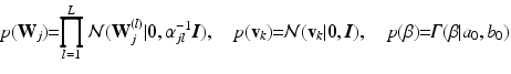 $$\begin{aligned} \!\!p(\mathrm {\mathbf {W}}_{j})\!\!=\!\!\prod ^{L}_{l=1} \mathcal {N}(\mathrm {\mathbf {W}}^{(l)}_{j}|\varvec{0},\alpha ^{-1}_{jl} \varvec{I}),\quad p(\mathrm {\mathbf {v}}_{k})\!\!=\!\!\mathcal {N}(\mathrm {\mathbf {v}}_{k}|\varvec{0},\varvec{I}),\quad p(\beta )\!\!=\!\!\varGamma (\beta |a_0,b_0) \end{aligned}$$