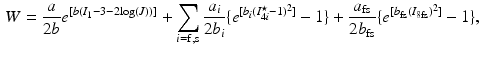 $$\begin{aligned} W = \frac{a}{2b} e^{[b(I_1-3-2\mathrm{log}(J))]} + \sum _{i=\mathrm{f},\mathrm{s}} \frac{a_i}{2b_i} \{e^{[b_i(I_{4i}^{\star }-1)^2]}-1\} + \frac{a_{\mathrm{fs}}}{2b_{\mathrm{fs}}}\{e^{[b_{\mathrm{fs}}(I_{8\mathrm{fs}})^2]}-1\}, \end{aligned}$$