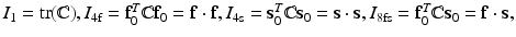 $$I_1=\text {tr}(\mathbb {C}), I_{4\text {f}}=\mathbf{f}_0^T \mathbb {C}\mathbf{f}_0 = \mathbf{f}\cdot \mathbf{f}, I_{4\text {s}}=\mathbf{s}_0^T \mathbb {C}\mathbf{s}_0 = \mathbf{s}\cdot \mathbf{s}, I_{8\text {fs}} = \mathbf{f}_0^T \mathbb {C}\mathbf{s}_0 = \mathbf{f}\cdot \mathbf{s},$$