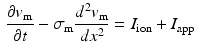 $$\begin{aligned}&\frac{\partial v_{\mathrm {m}}}{\partial t} -\sigma _\mathrm {m}\frac{d^2v_{\mathrm {m}}}{dx^2}=I_\mathrm {ion}+I_\mathrm {app}\end{aligned}$$