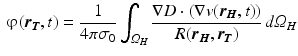 $$\begin{aligned} \upvarphi (\varvec{r_T},t)= \frac{1}{4 \pi \sigma _{0}} \int _{{\varOmega }_{H}} \frac{\nabla D \cdot (\nabla v(\varvec{r_H},t))}{R(\varvec{r_H},\varvec{r_T})} \, d {\varOmega }_{H} \end{aligned}$$