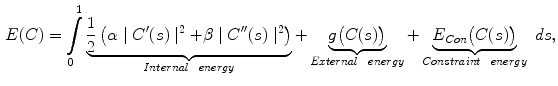 $$\begin{aligned} E(C) = \int \limits _{0}^{1}\underbrace{\frac{1}{2}\left( \alpha \mid C^{\prime }(s) \mid ^{2}+\beta \mid C^{\prime \prime }(s) \mid ^{2}\right) }_{Internal \ \ energy} + \underbrace{g\big (C(s)\big )}_{External \ \ energy} + \underbrace{E_{Con}\big (C(s)\big )}_{Constraint \ \ energy} \ ds, \end{aligned}$$