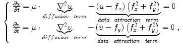 $$\begin{aligned} \left\{ \begin{array}{ll} \frac{\partial {u}}{\partial {t}}= \mu \cdot \underbrace{\nabla ^{2} u}_{diffusion\ \ term}- \underbrace{\left( u-f_{x}\right) \left( f_{x}^{2}+f_{y}^{2}\right) }_{data\ \ attraction\ \ term}=0\\ \frac{\partial {v}}{\partial {t}}= \mu \cdot \underbrace{\nabla ^{2} v}_{diffusion\ \ term}- \underbrace{\left( v-f_{y}\right) \left( f_{x}^{2}+f_{y}^{2}\right) }_{data\ \ attraction\ \ term}=0 \ ,\\ \end{array} \right. \end{aligned}$$