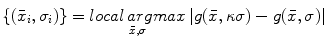 $$\{(\bar{{x}}_i ,\sigma _i )\}=\mathop {local\,argmax}\limits _{\bar{{x}},\sigma } \left| {g(\bar{{x}},\kappa \sigma )-g(\bar{{x}},\sigma )} \right| $$