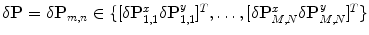 $$\delta \mathbf{P} = \delta \mathbf{P}_{m, n}\in \{[\delta \mathbf{P}^x_{1, 1}\delta \mathbf{P}^y_{1, 1}]^T,\ldots ,[\delta \mathbf{P}^x_{M, N}\delta \mathbf{P}^y_{M, N}]^T\}$$