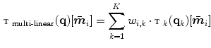 $$\begin{aligned} {\fancyscript{T}}_{\text {multi-linear}}({\mathbf {q}})[\bar{\varvec{m}}_i] = \sum _{k=1}^{K} w_{i,k} \cdot {\fancyscript{T}}_k({\mathbf {q}}_k)[\bar{\varvec{m}}_i] \end{aligned}$$