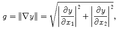 $$\begin{aligned} g = \Vert \nabla {y}\Vert = \sqrt{{\left| \frac{\partial y}{\partial x_1}\right| }^2+{\left| \frac{\partial y}{\partial x_2}\right| }^2}, \end{aligned}$$