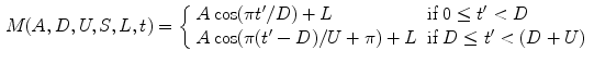 $$\begin{aligned} M(A, D, U, S, L, t) = \left\{ \begin{array}{ll} A\cos (\pi t'/D) + L &{} \text {if} \;0 \le t' < D \\ A\cos (\pi (t'-D)/U + \pi ) + L &{} \text {if} \;D \le t' < (D + U) \end{array} \right. \end{aligned}$$