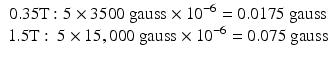 
$$ \begin{array}{c}0.35\mathrm{T}:5\times 3500\kern0.24em \mathrm{gauss}\times {10}^{-6}=0.0175\kern0.24em \mathrm{gauss}\\ {}1.5\mathrm{T}:\kern0.24em 5\times 15,000\kern0.24em \mathrm{gauss}\times {10}^{-6}=0.075\kern0.24em \mathrm{gauss}\end{array} $$
