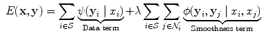 $$\begin{aligned} \begin{aligned} E(\mathbf {x}, \mathbf {y}) = \sum _{i \in \mathcal {S}} \underbrace{\psi (\mathbf {y}_i \mid x_i)}_{\text {Data term}} + \lambda \sum _{i \in \mathcal {S}} \sum _{j \in \mathcal {N}_i} \underbrace{\phi (\mathbf {y}_i, \mathbf {y}_j \mid x_i, x_j)}_{\text {Smoothness term}} \end{aligned} \end{aligned}$$