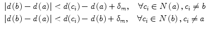 $$ \begin{aligned} & \left| {d\left( b \right) - d\left( a \right)} \right| < d(c_{i} ) - d\left( a \right) + \delta_{m} ,\quad \forall c_{i} \in N\left( a \right),c_{i} \ne b & \\ & \left| {d\left( b \right) - d\left( a \right)} \right| < d(c_{i} ) - d\left( b \right) + \delta_{m} ,\quad \forall c_{i} \in N\left( b \right),c_{i} \ne a \\ \end{aligned} $$