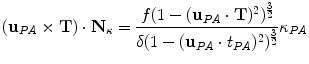 $$({\mathbf{u}}_{PA} \times {\mathbf{T}}) \cdot {\mathbf{N}}_{\kappa } = \frac{{f(1 - ({\mathbf{u}}_{PA} \cdot {\mathbf{T}})^{2} )^{\frac{3}{2}} }}{{\delta (1 - ({\mathbf{u}}_{PA} \cdot t_{PA} )^{2} )^{\frac{3}{2}} }}\kappa_{PA}$$