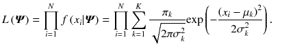 
$$ L\left(\boldsymbol{\varPsi} \right)=\prod_{i=1}^N f\left({x}_i|\boldsymbol{\varPsi} \right)=\prod_{i=1}^N\sum_{k=1}^K\frac{\pi_k}{\sqrt{2\pi {\sigma}_k^2}}\mathit{\exp}\left(-\frac{{\left({x}_i-{\mu}_k\right)}^2}{{2\sigma}_k^2}\right).\kern0.75em $$
