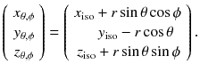 
$$ \left(\begin{array}{c}\hfill {x}_{\theta, \phi}\hfill \\ {}\hfill {y}_{\theta, \phi}\hfill \\ {}\hfill {z}_{\theta, \phi}\hfill \end{array}\right)=\left(\begin{array}{c}\hfill {x}_{\mathrm{iso}}+ r \sin \theta \cos \phi \hfill \\ {}\hfill {y}_{\mathrm{iso}}- r \cos \theta \hfill \\ {}\hfill {z}_{\mathrm{iso}}+ r \sin \theta \sin \phi \hfill \end{array}\right). $$
