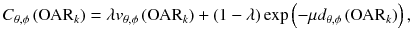 
$$ {C}_{\theta, \phi}\left({\mathrm{OAR}}_k\right)=\lambda {v}_{\theta, \phi}\left({\mathrm{OAR}}_k\right)+\left(1-\lambda \right) \exp \left(-\mu {d}_{\theta, \phi}\left({\mathrm{OAR}}_k\right)\right), $$
