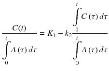 
$$ \frac{C(t)}{\underset{0}{\overset{t}{{\displaystyle \int }}}A\left(\tau \right)d\tau }={K}_1-{k}_2\frac{\underset{0}{\overset{t}{{\displaystyle \int }}}C\left(\tau \right)d\tau }{\underset{0}{\overset{t}{{\displaystyle \int }}}A\left(\tau \right)d\tau } $$
