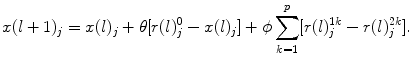 
$$\displaystyle{ x(l + 1)_{j} = x(l)_{j} +\theta [r(l)_{j}^{0} - x(l)_{ j}] +\phi \sum _{ k=1}^{p}[r(l)_{ j}^{1k} - r(l)_{ j}^{2k}]. }$$
