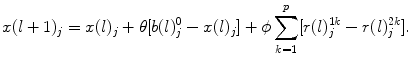 
$$\displaystyle{ x(l + 1)_{j} = x(l)_{j} +\theta [b(l)_{j}^{0} - x(l)_{ j}] +\phi \sum _{ k=1}^{p}[r(l)_{ j}^{1k} - r(l)_{ j}^{2k}]. }$$
