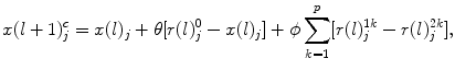 
$$\displaystyle{ x(l + 1)_{j}^{c} = x(l)_{ j} +\theta [r(l)_{j}^{0} - x(l)_{ j}] +\phi \sum _{ k=1}^{p}[r(l)_{ j}^{1k} - r(l)_{ j}^{2k}], }$$
