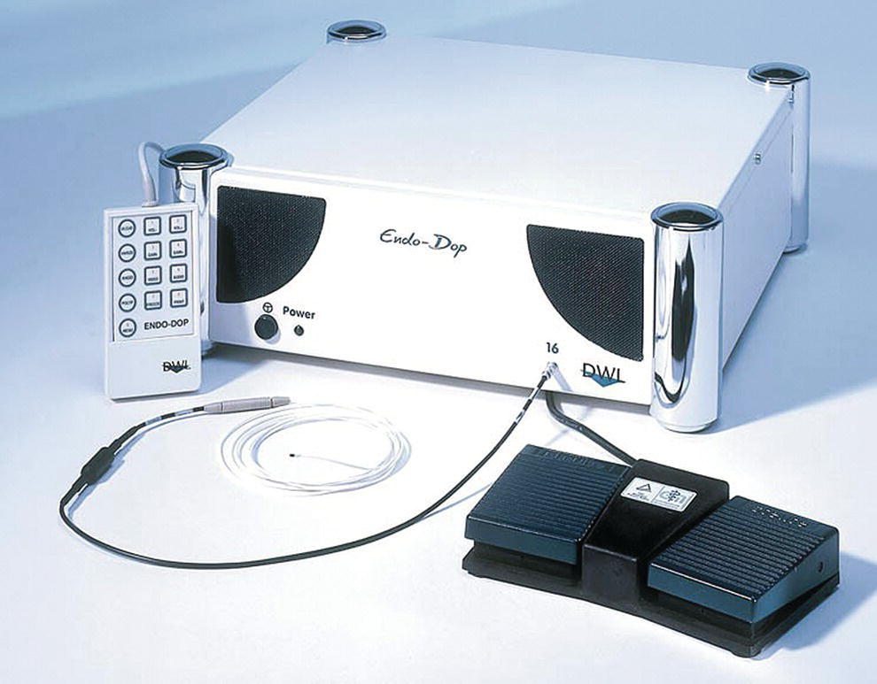Photo depicts endo-Dop, 16-MHz pulsed-wave, multigated Doppler ultrasound (DopUS) system with reusable DopUS probe and optional foot pedal.