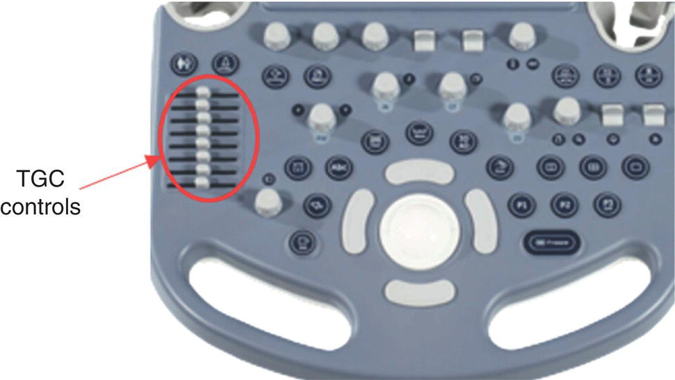 A photograph of a typical time gain compensation (TGC) slide in the form of a remote control highlighted with T G C controls and multiple buttons.