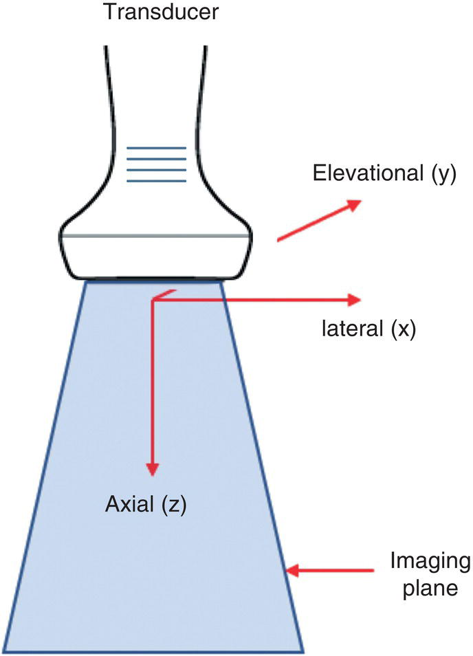 A schematic diagram of a conventional coordinate system includes a transducer, elevational, lateral, axial, and imaging plane.