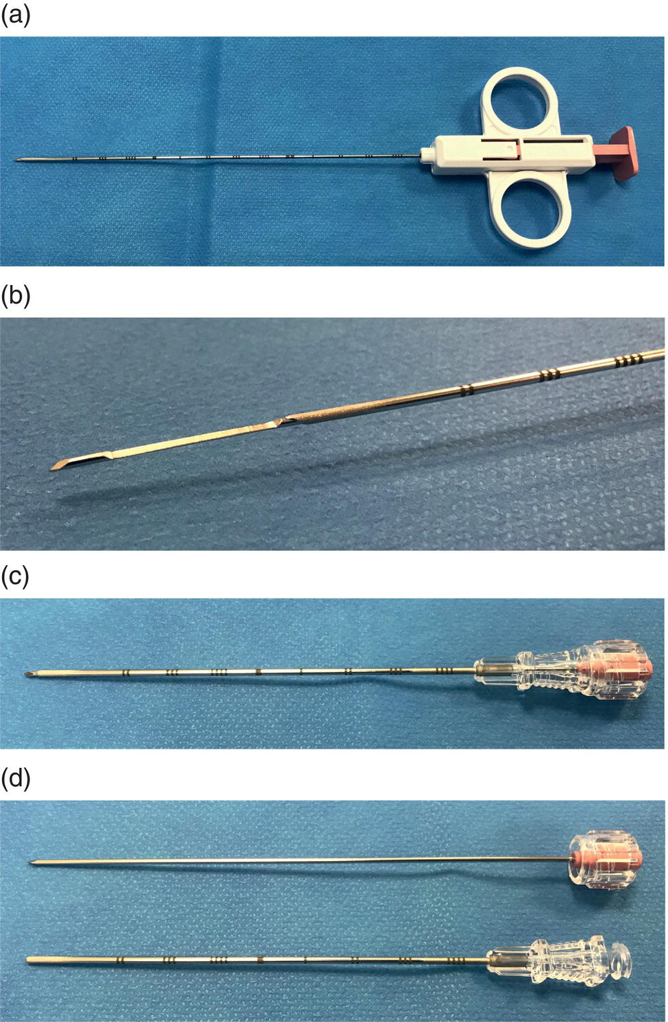 Four illustrations depict the types of needle. a. Biopsy needle. b. Biopsy needle with the plunger and deploying the cutting cannula. c. d. Coaxial introducer needle.